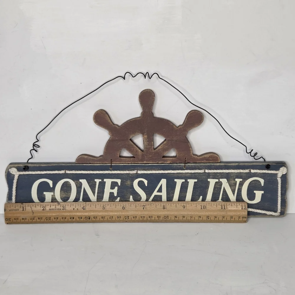 Rustic Blue Nautical Gone Sailing Wall Hanging Decor Ship Wheel